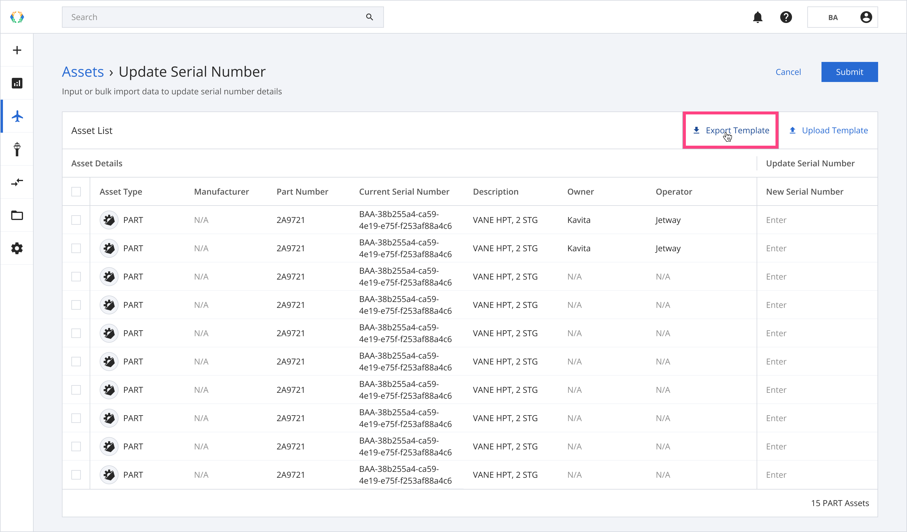 Export selected assets' serial numbers