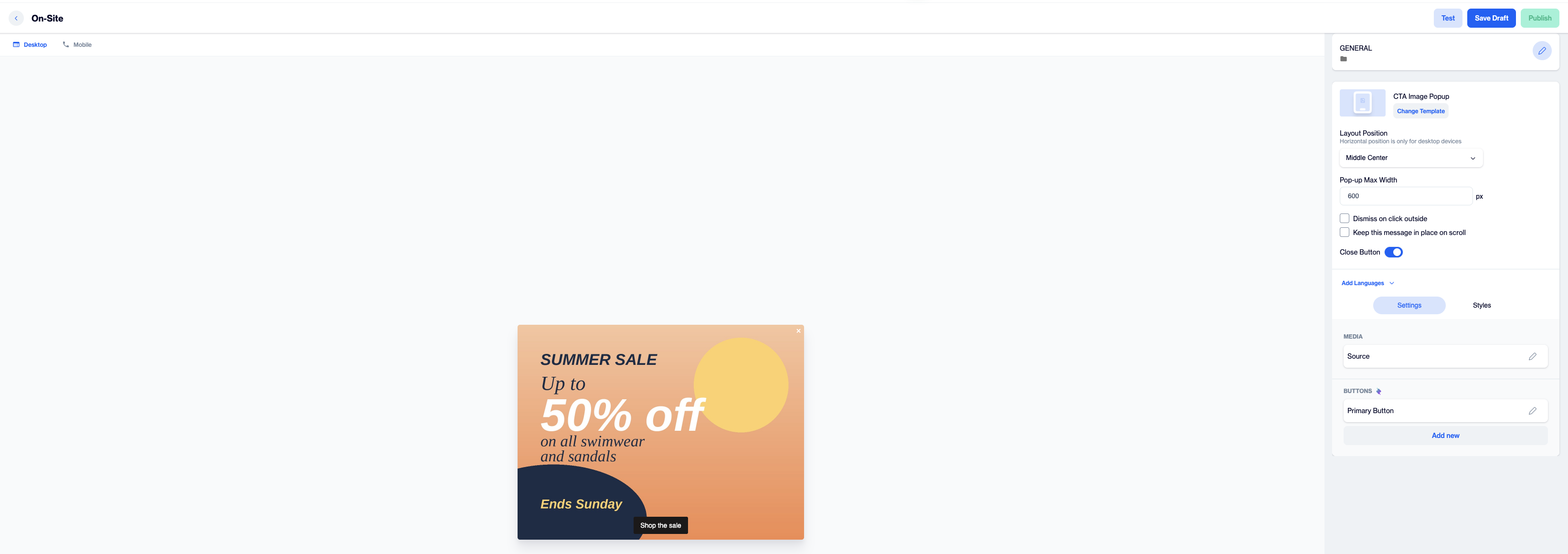 CTA Image Popup editor with the desktop preview on the left and the General settings panel on the right