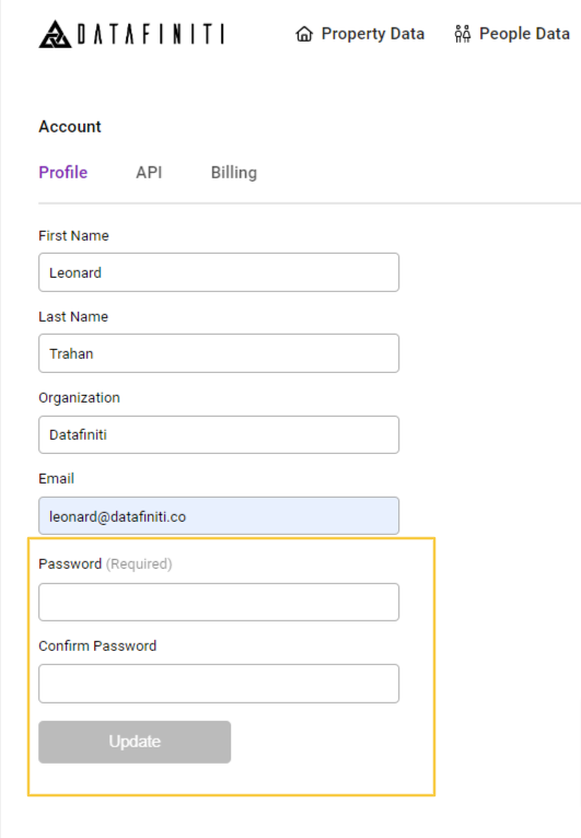 Type the new password into both (1) "Password" and (2) "Confirm Password" then click the (3) "Update" button to change your Password.