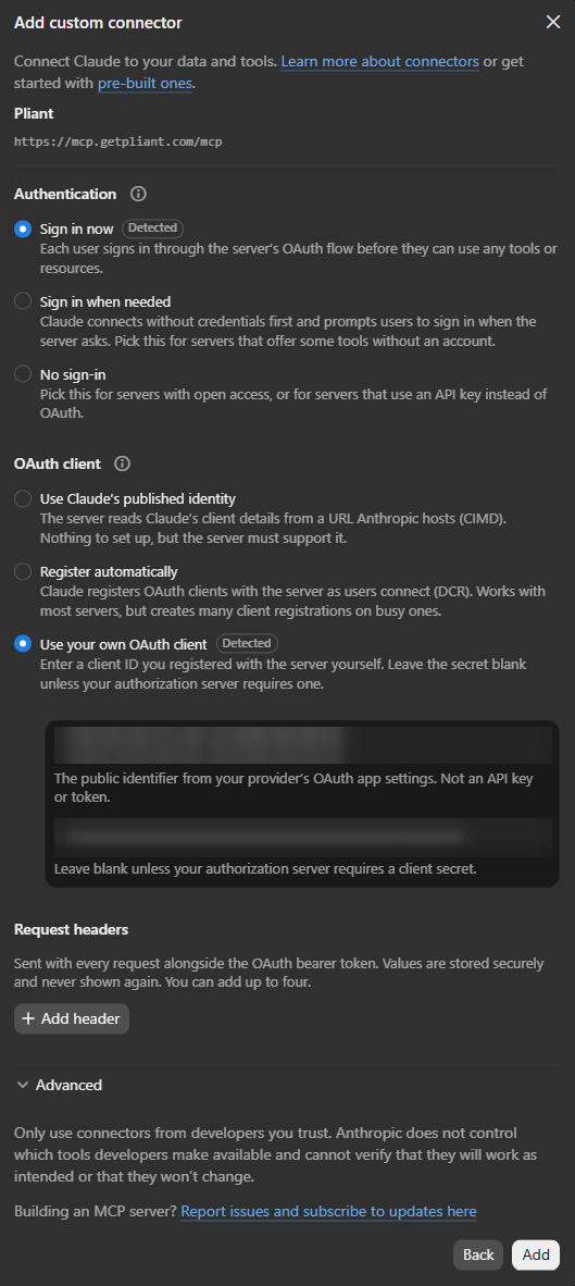 OAuth client settings in Claude