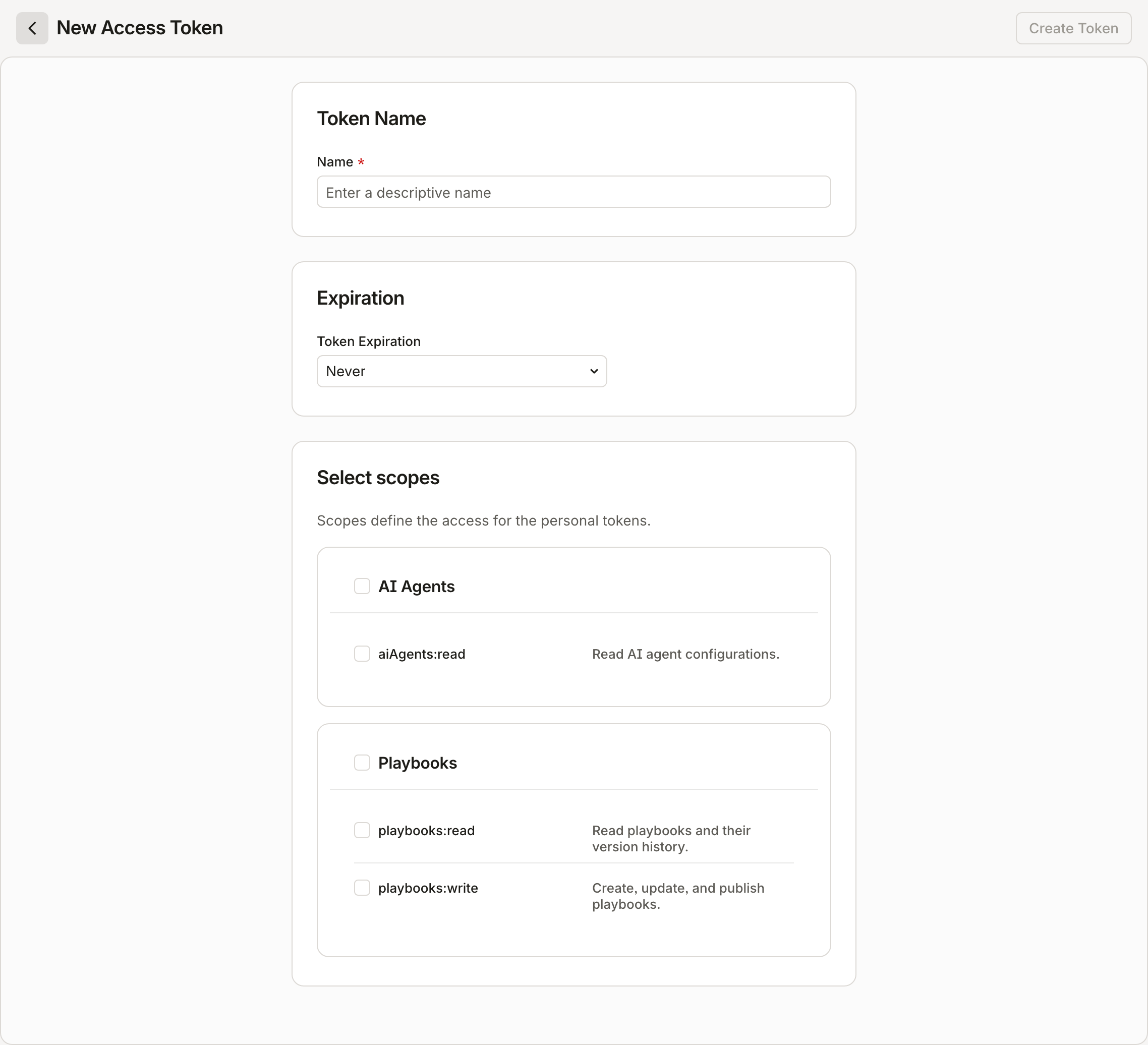 The new-token form: name, expiration, and per-category scope checkboxes.