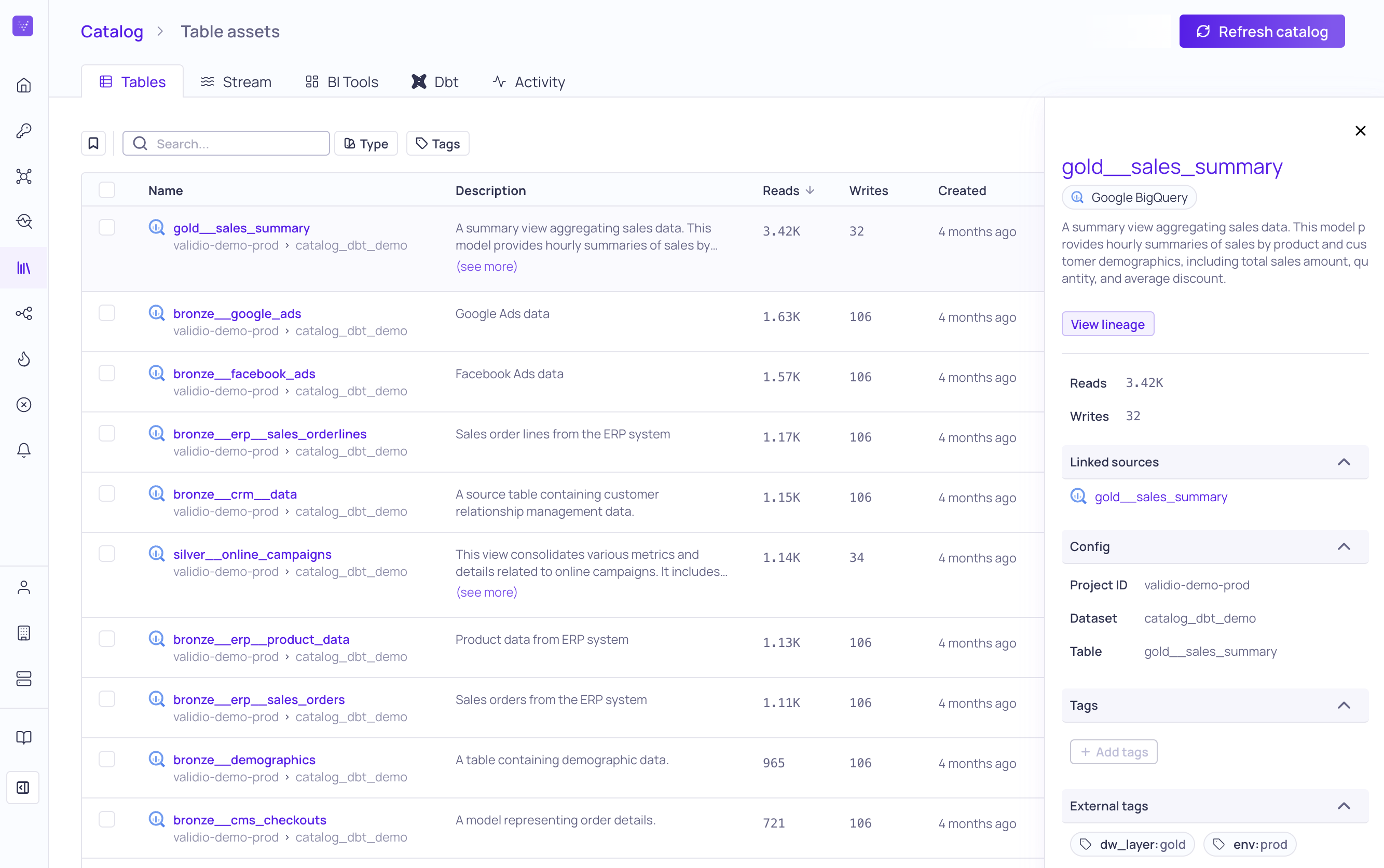Data Catalog page with asset details panel