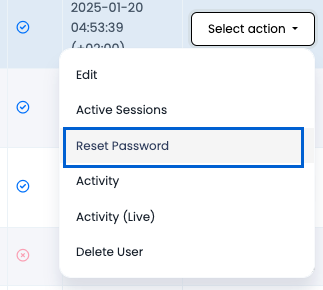 Screenshot of the reset password action in the User Management page