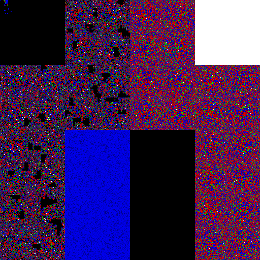 Binary image of a program carrying a hidden payload, with structured code and strings on one side and a large even static region on the other, meeting at a clean edge