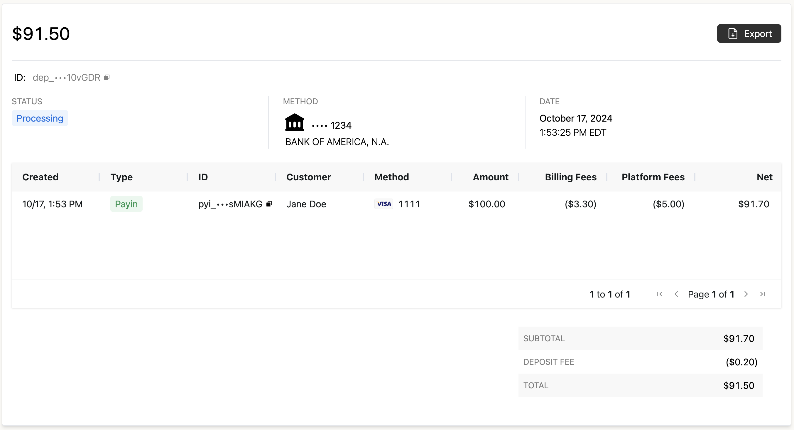 Example of $100 payin, 3% + $0.30 billing fee, and $5 platform fee deposited to the merchant