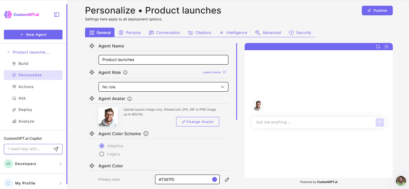 Personaize page of child agent