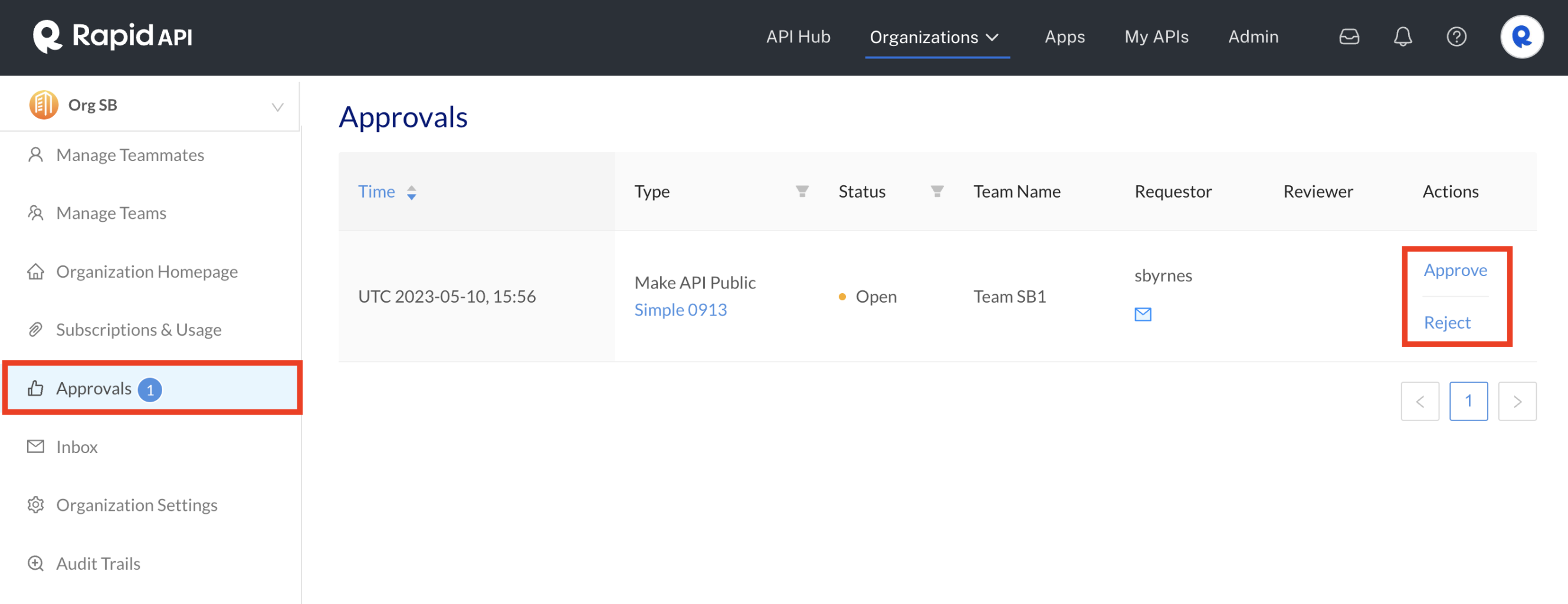 Organization Dashboard: Approving or rejecting a team's request to make an API public.