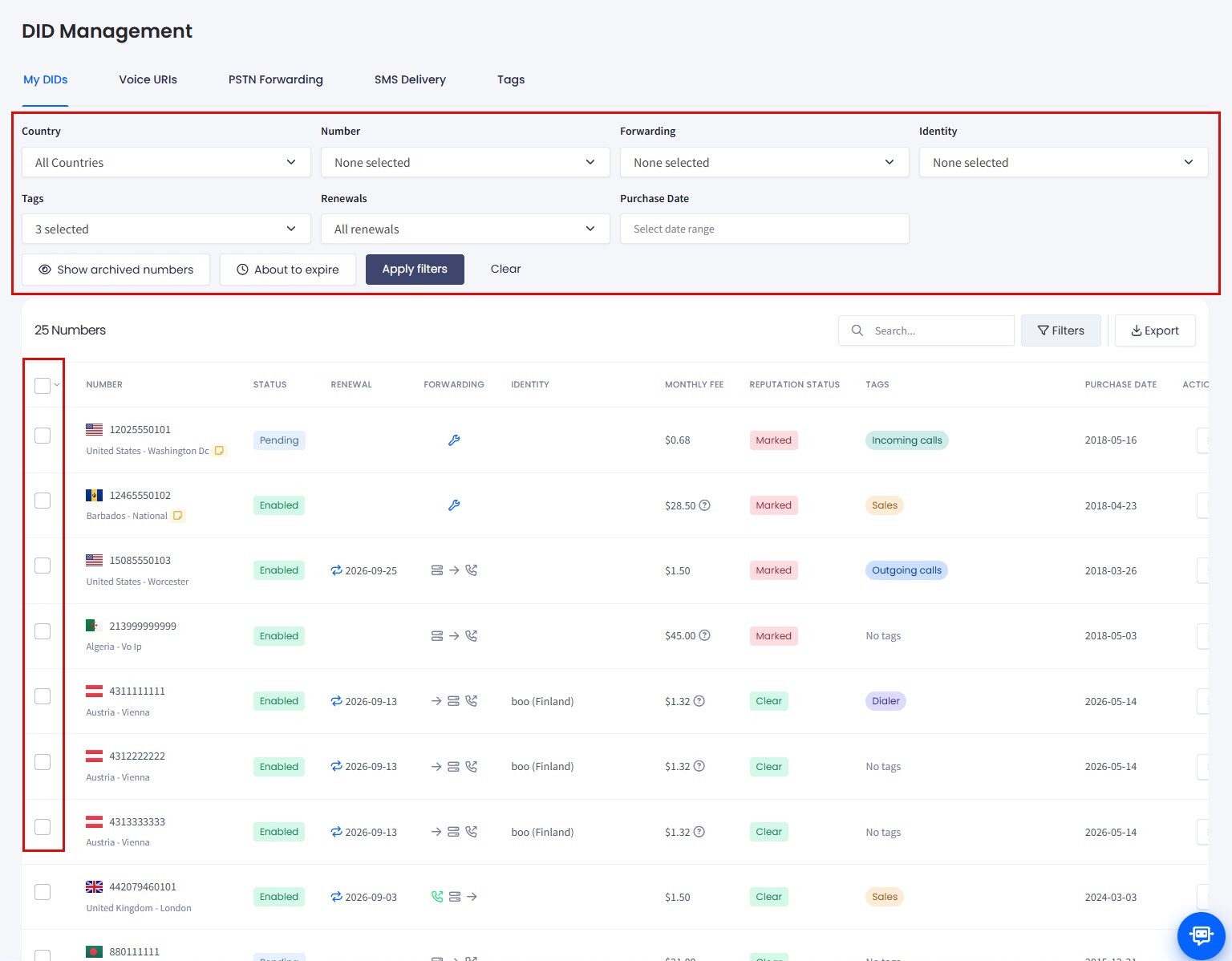 Screenshot of the filtering or selecting DID numbers