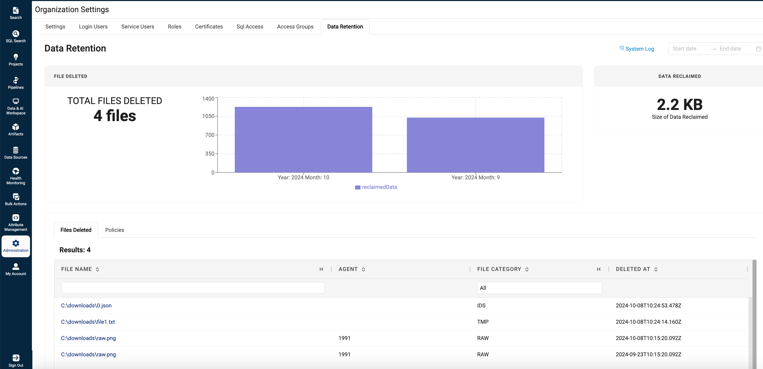 Data Retention tab