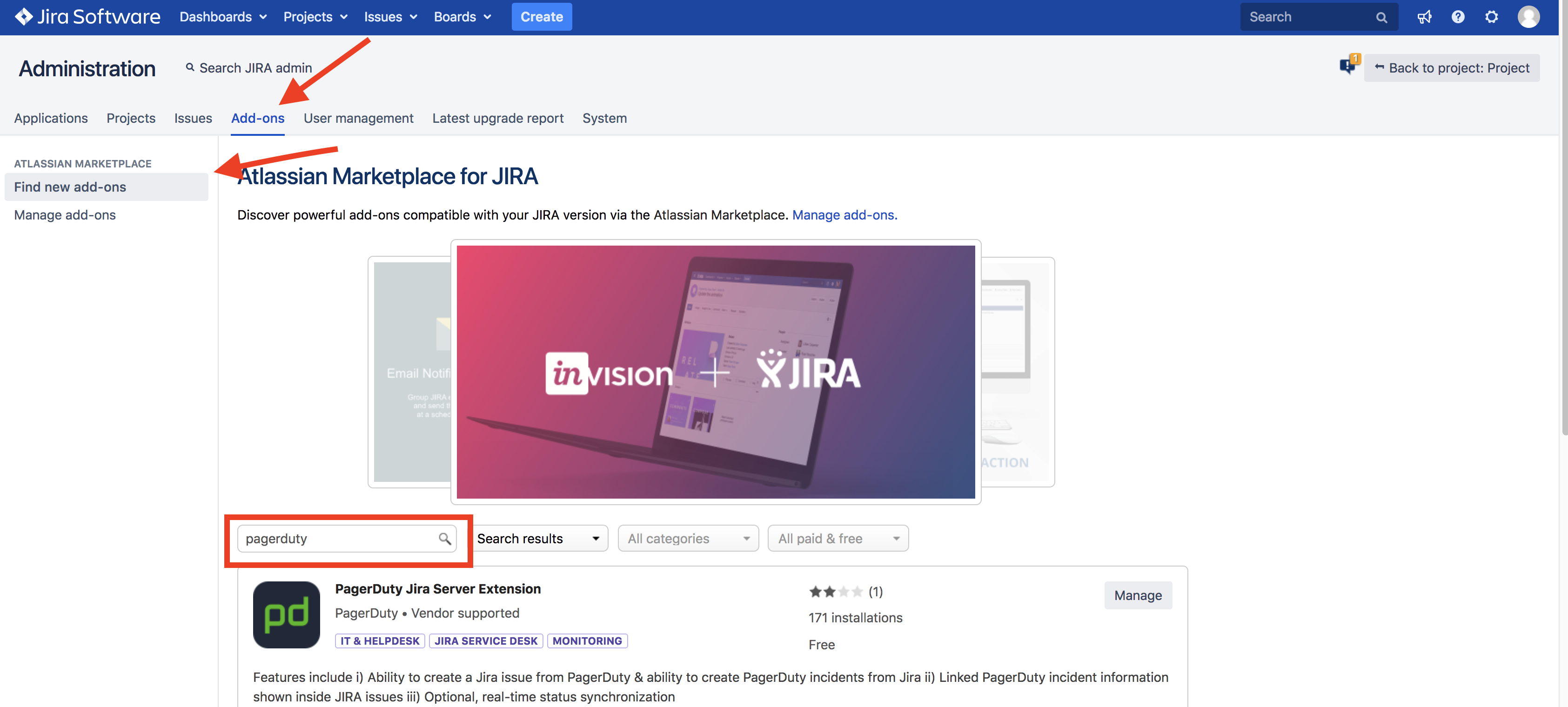 Search for "PagerDuty for Jira Server"