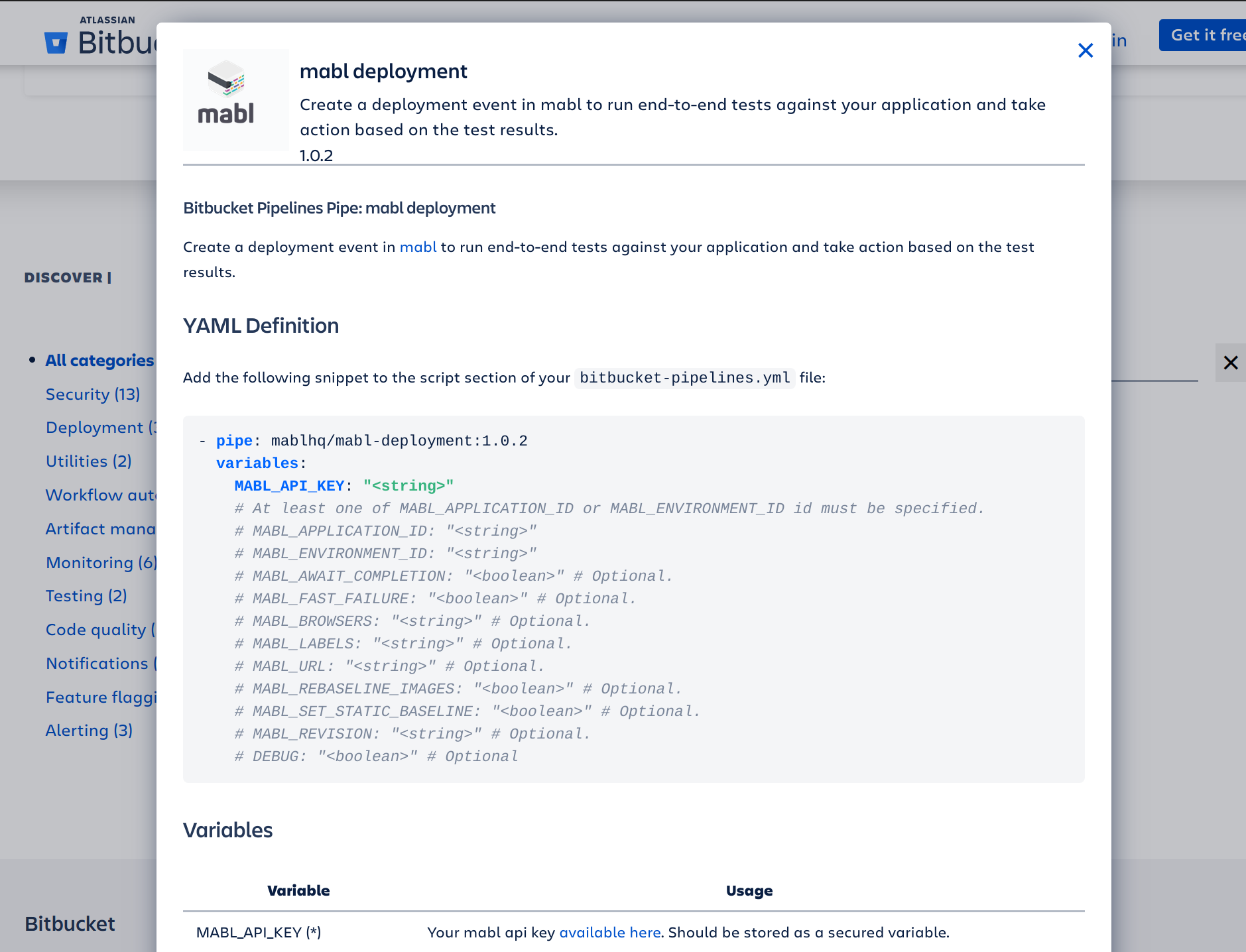 mabl Bitbucket pipe within the list of Bitbucket integrations