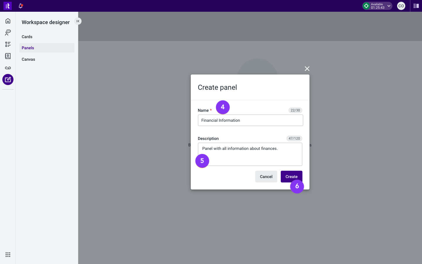 Figure 2 - Create panel modal