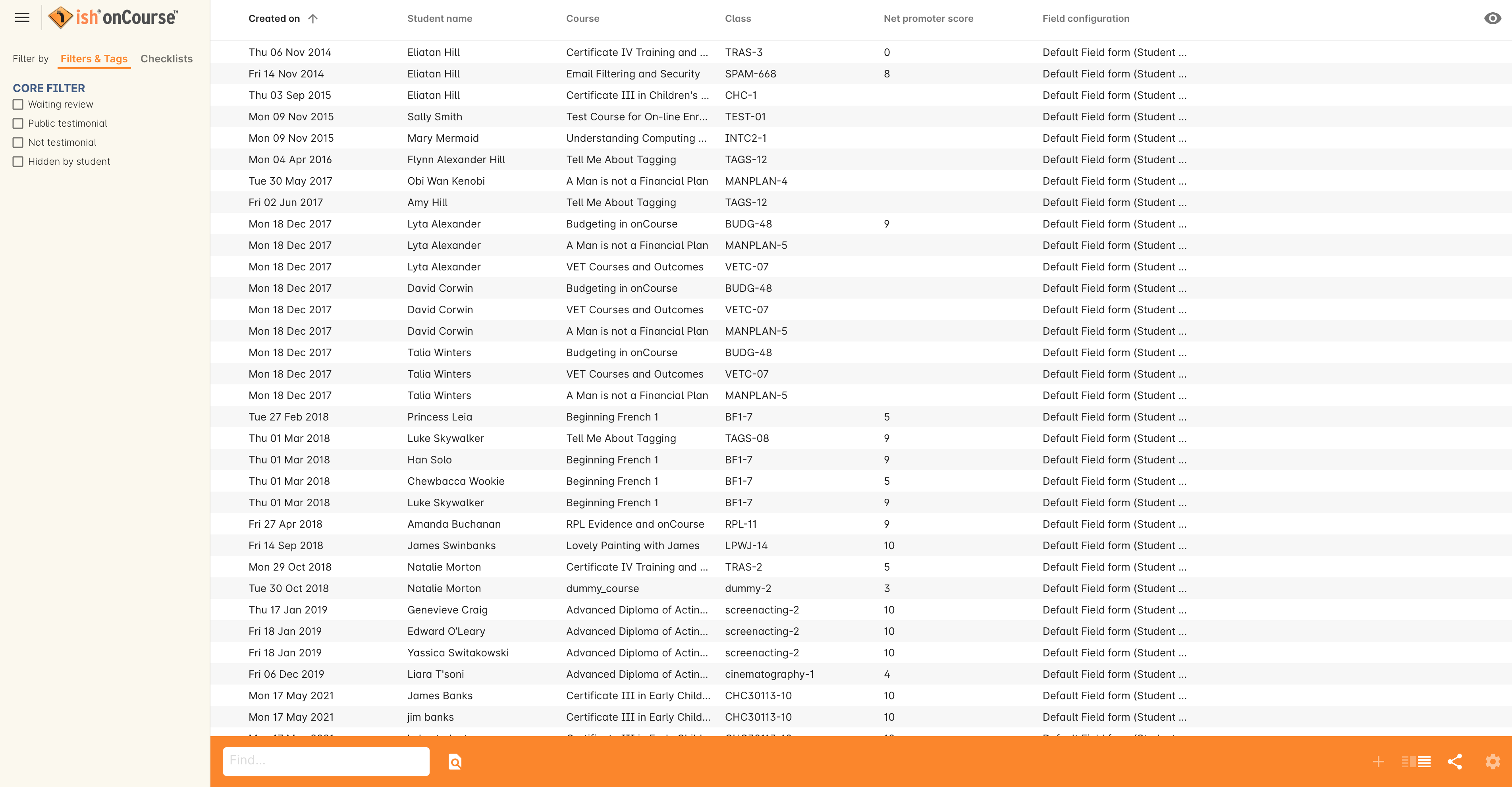 Figure 208. Feedback list view in onCourse