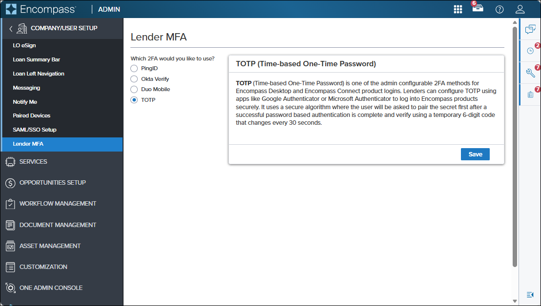 Encompass Lender MFA TOTP Option