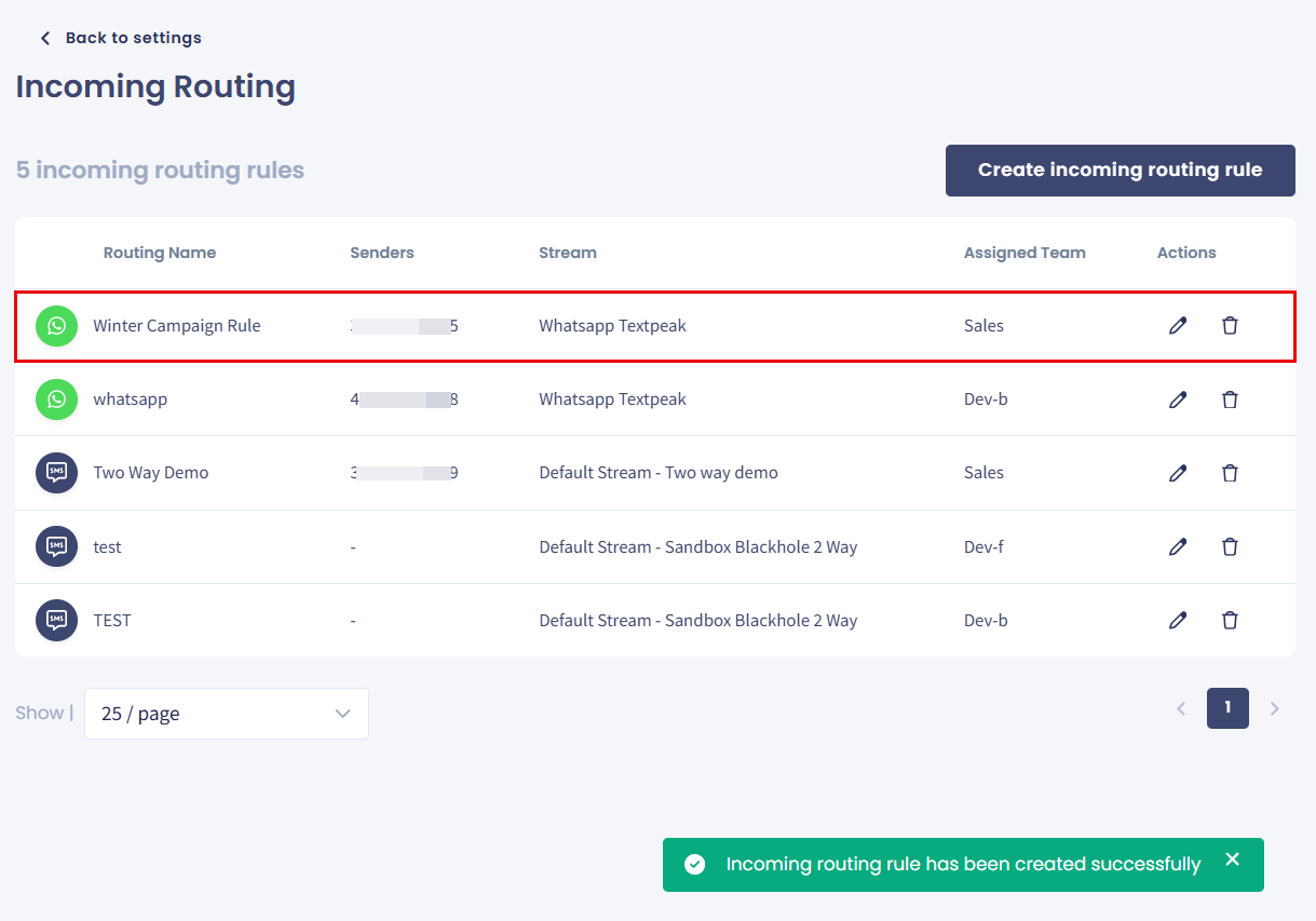 Screenshot of the new incoming routing rule created