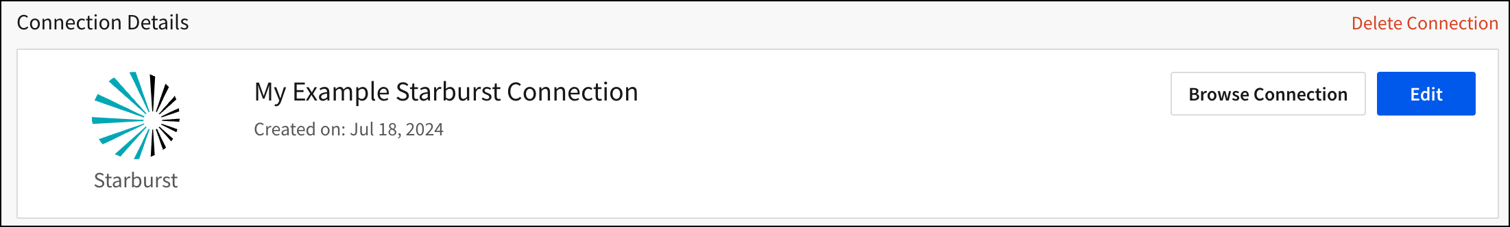 The connection summary showing the newly created Starburst connection