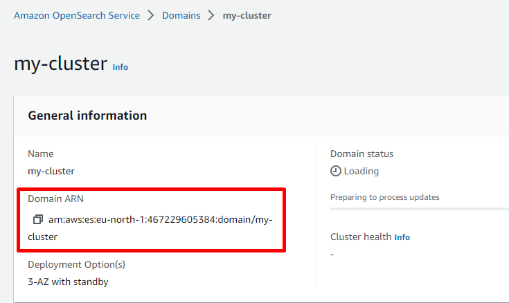 Cluster general information screen with the ARN highlighted