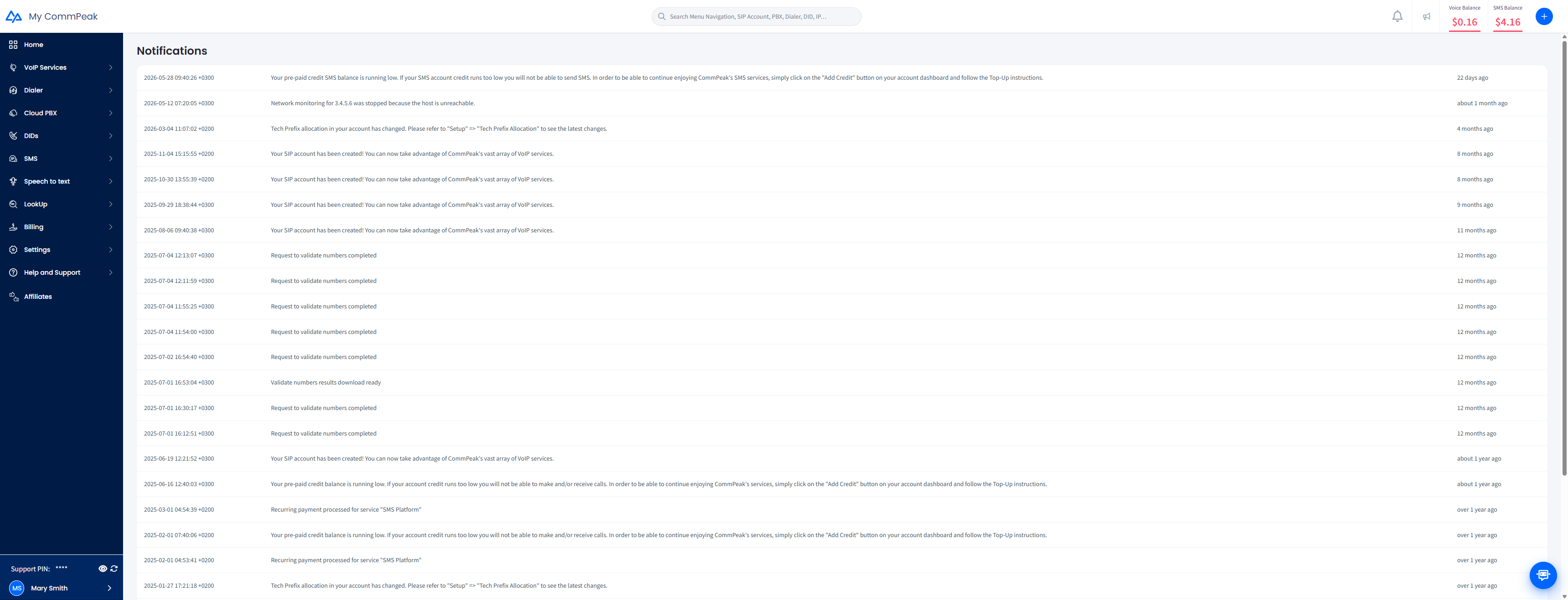Screenshot of the Notifications page
