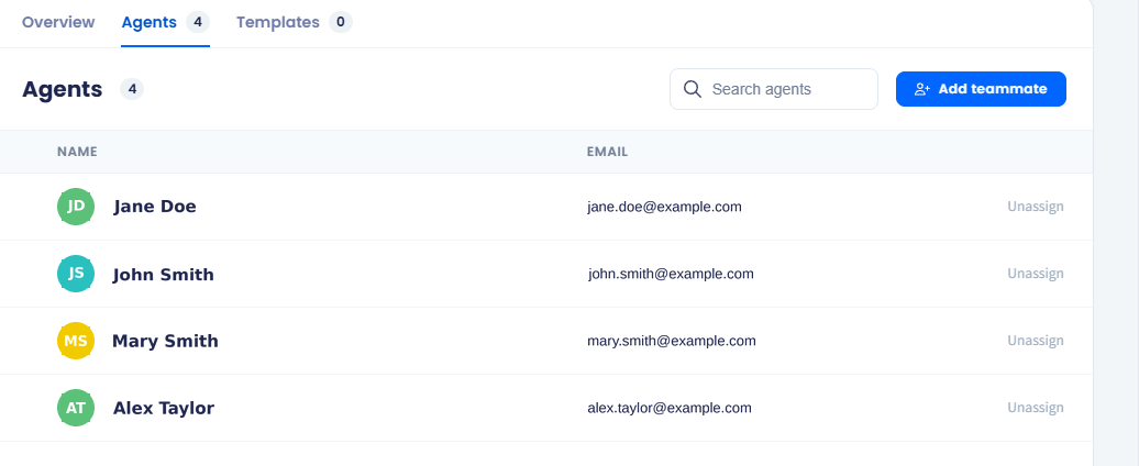 Screenshot of the Agents tab showing the agent list with name, status, and email columns, the Search agents field, and the Add teammate button