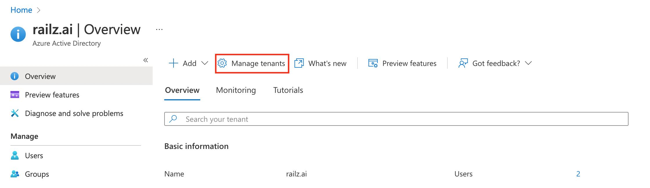 Azure Active Directory - Manage / Switch Tenant. Click to Expand.