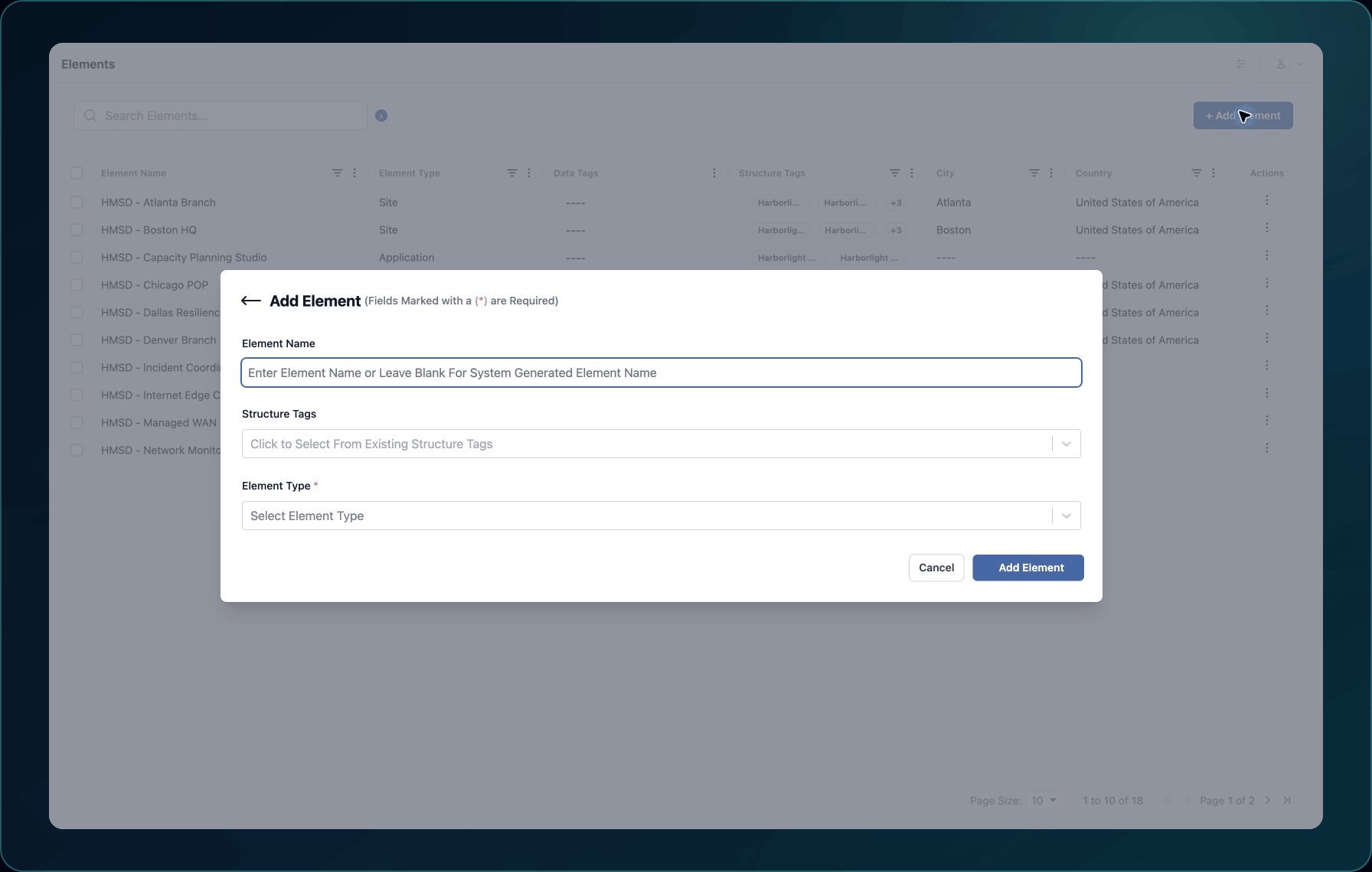 Add Element form showing Element Name, Structure Tags, Element Type, and the Add Element action.