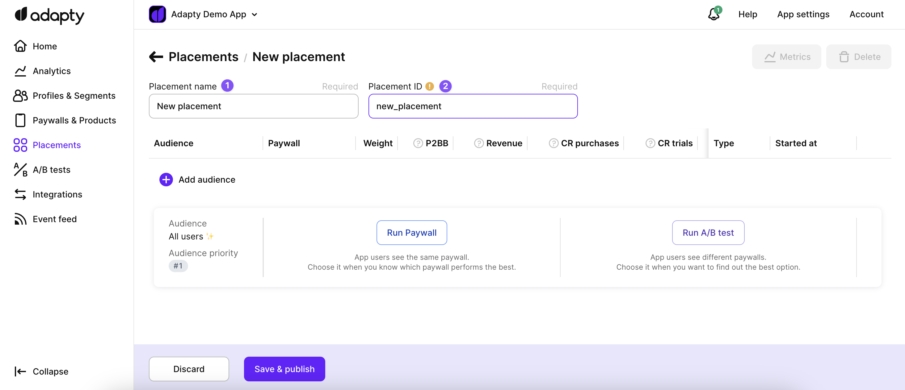 Placement creation page in Adapty