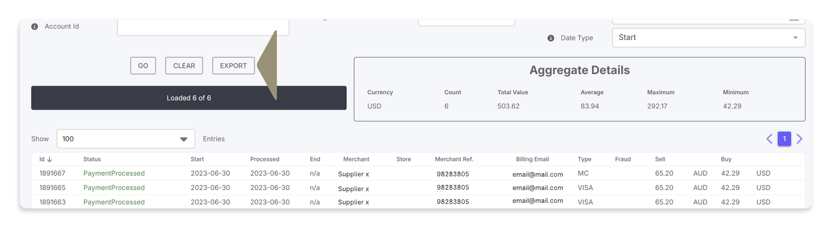 Screenshot of the export button in the Search tool.