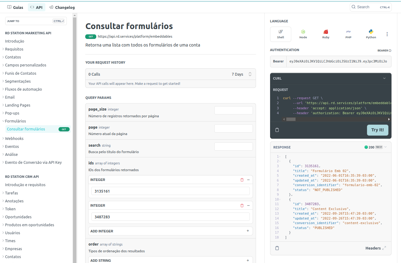 Imagem mostrando o uso da interface do portal de desenvolvedor para consultar de formulários filtrando pelo campo IDs