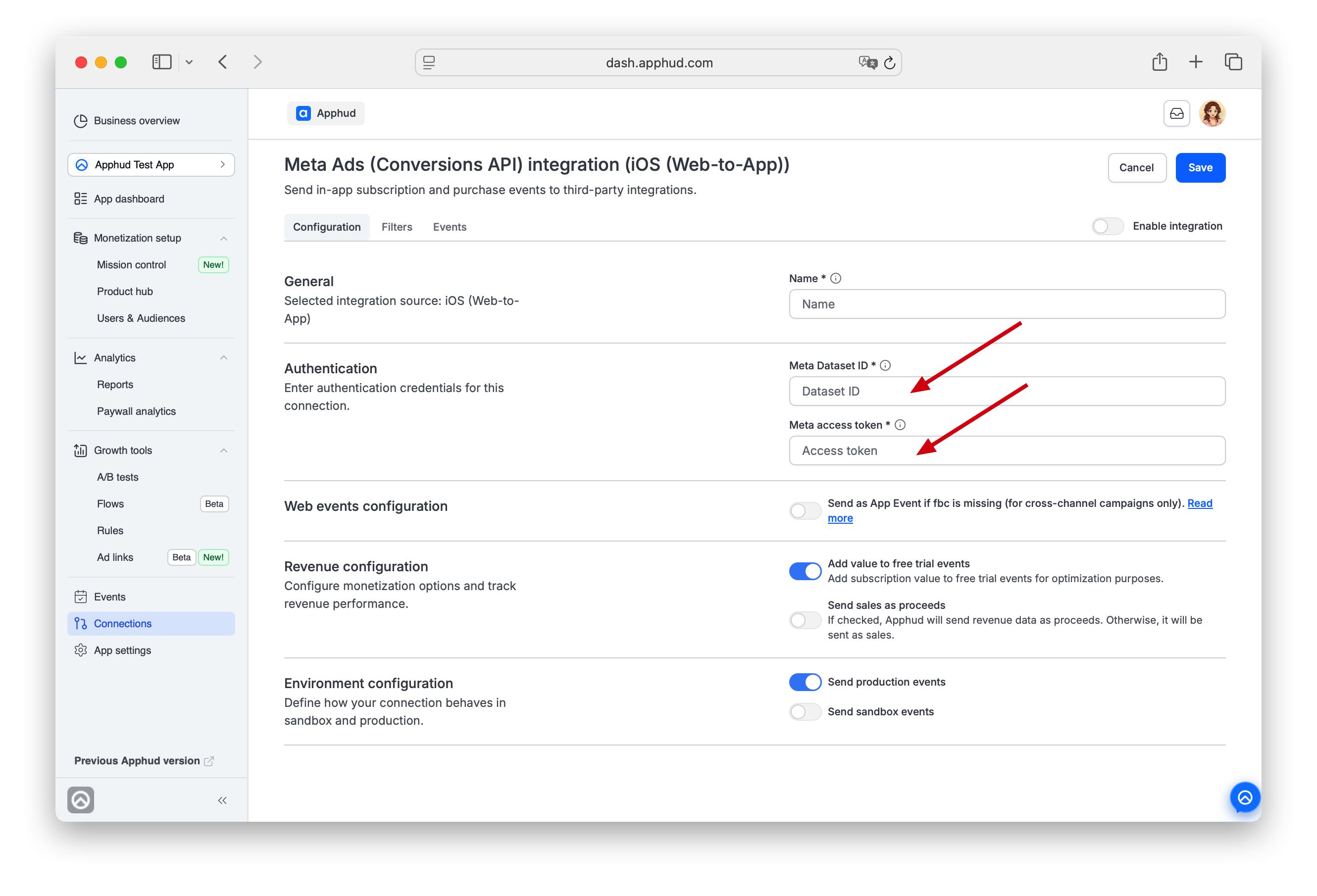 Apphud - Meta (CAPI) Web-To-App Configuration checkbox