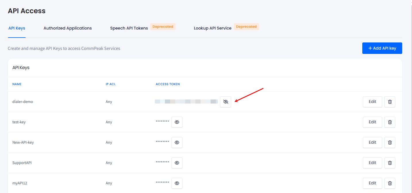 A revealed access token in the API Keys list