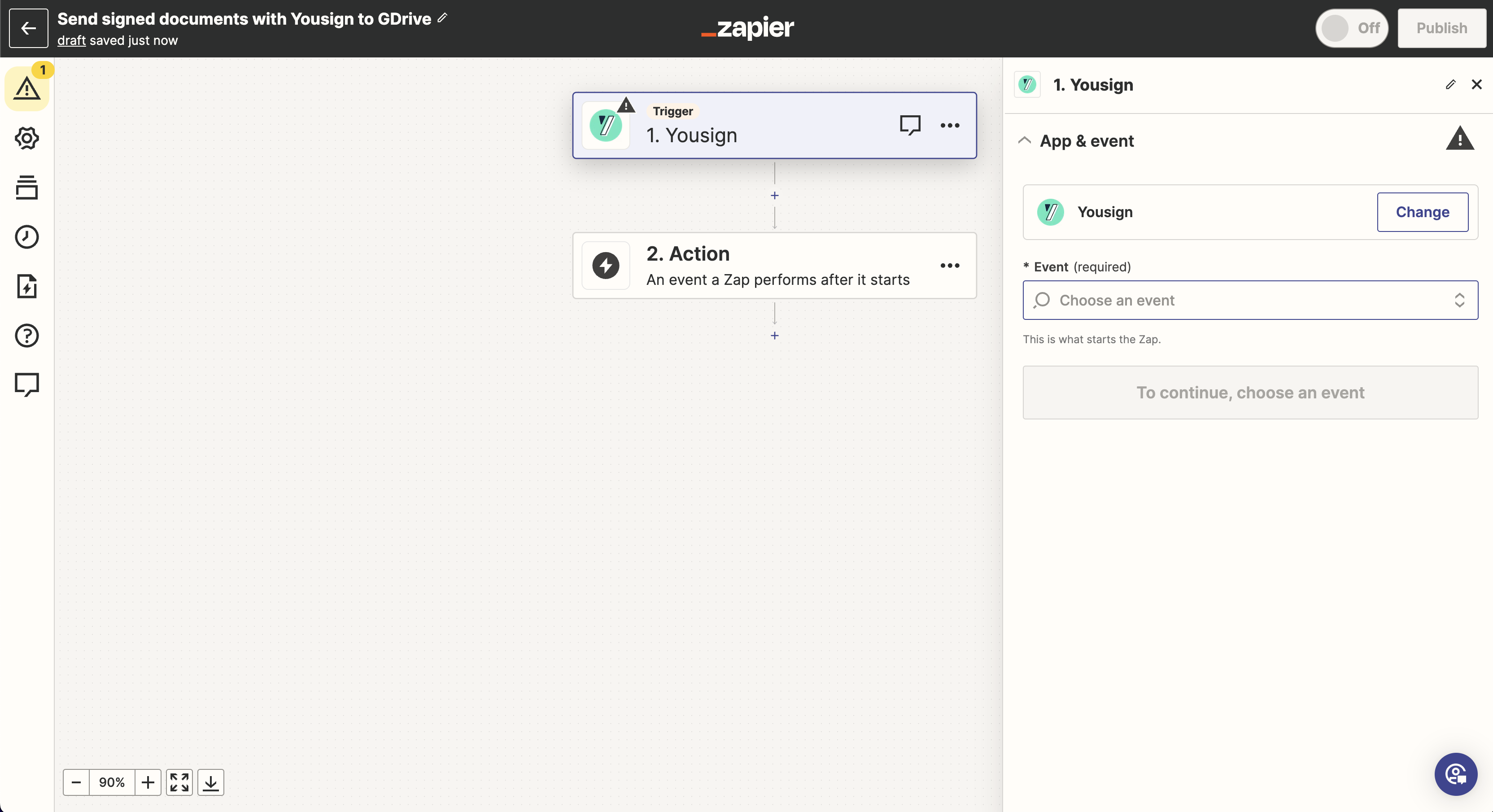 Event of trigger for Yousign on a Zap