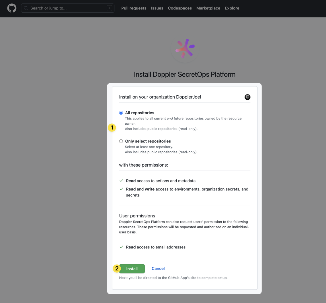 Screenshot of Github UI for installing Doppler