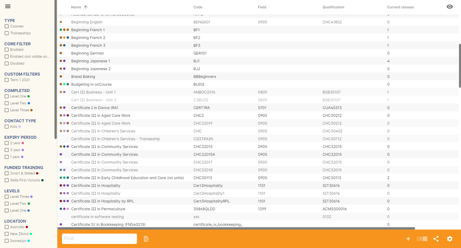 Tag colours shown in the tag filters and the "selected" column in the Courses list view