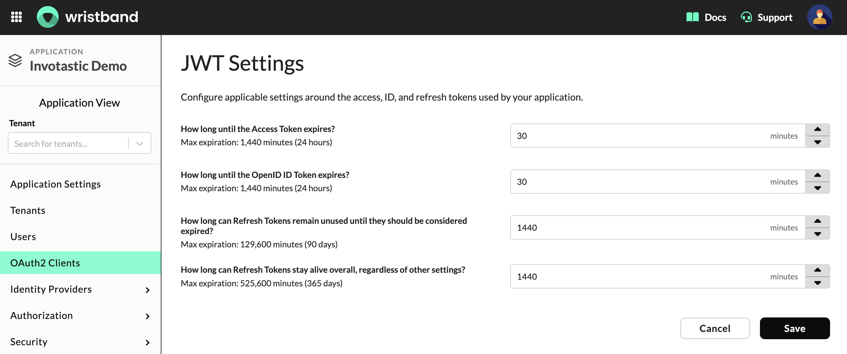 JWT Settings section for a Backend Server client showing Access Token, ID Token, and Refresh Token expiration fields.