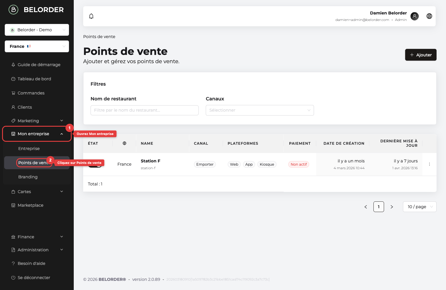 Accéder aux Points de vente depuis Mon entreprise