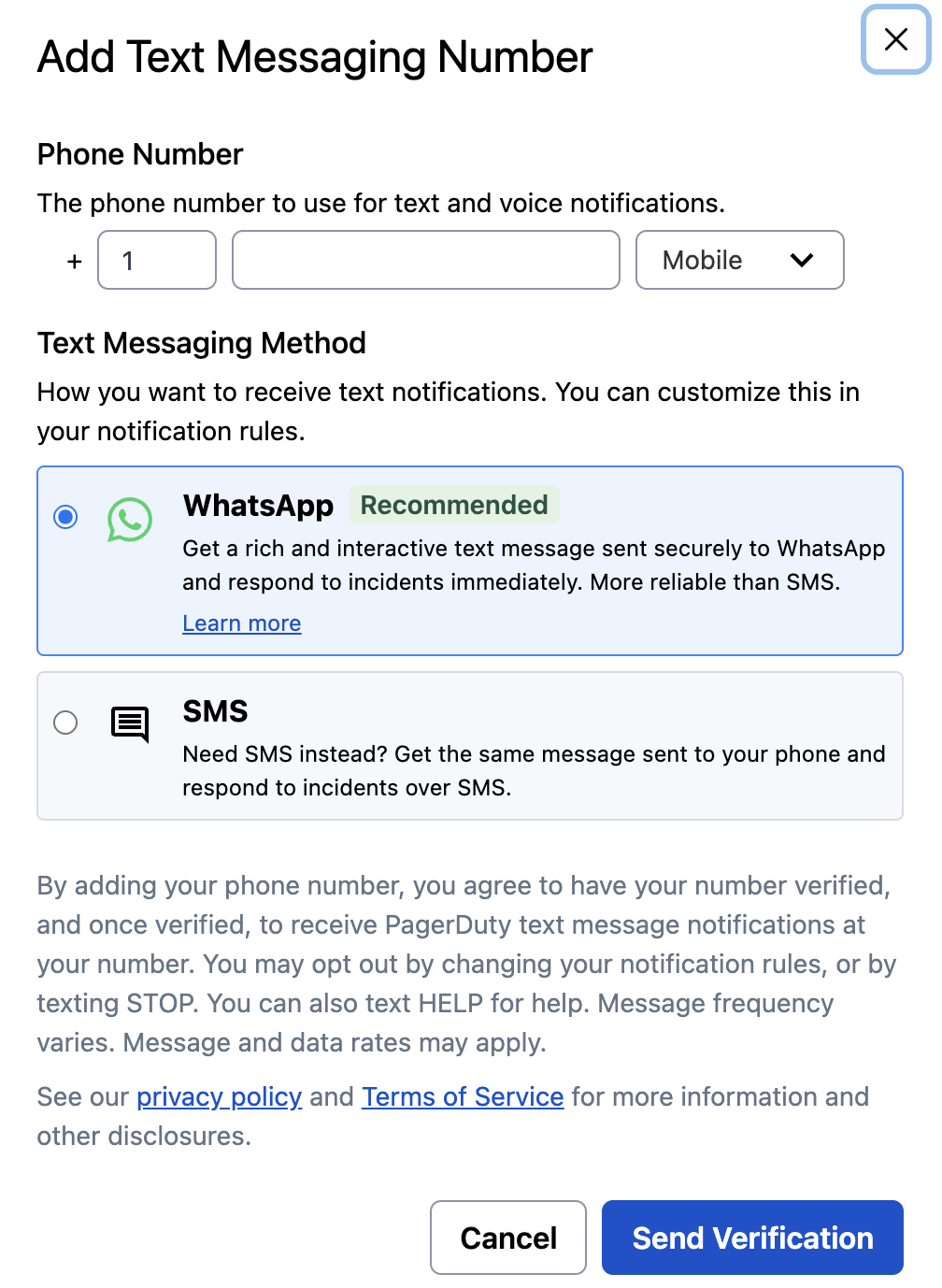 A screenshot of the PagerDuty UI showing how to add your phone number to receive SMS notifications, as well as terms of use and directions to opt out