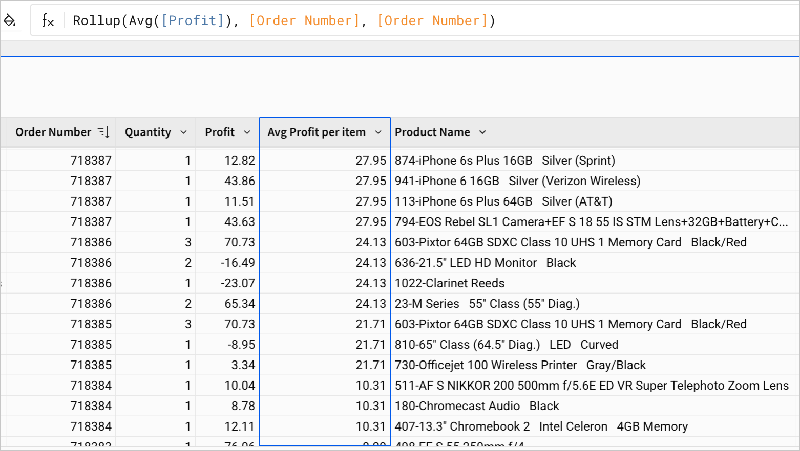 A table shows a self-join, where the profit for each item in an order is averaged and joined onto itself. Though the Profit column varies line to line in each order, the Avg Profit column is the same for each line in the order