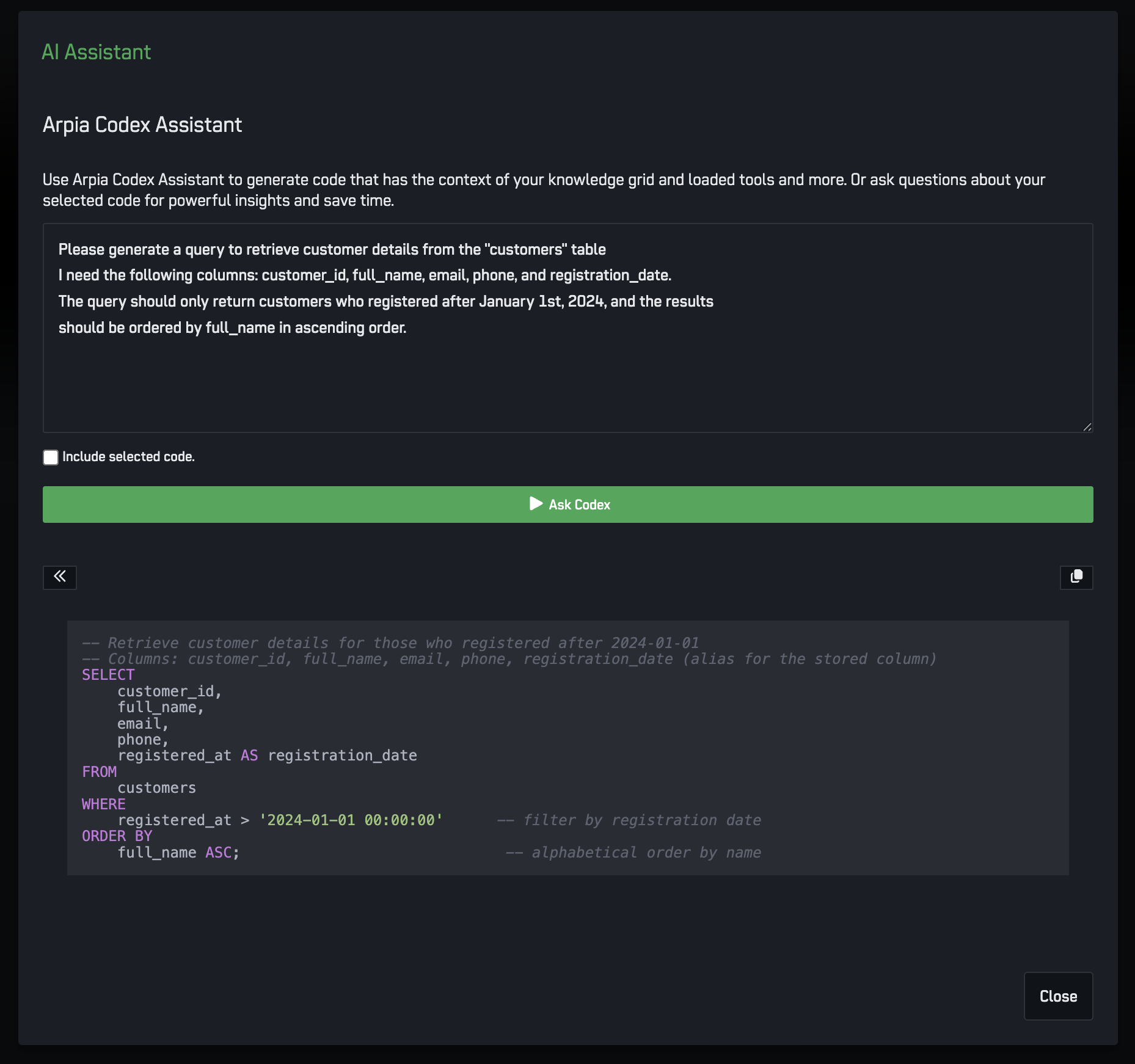 Arpia Codex Assistant query generation