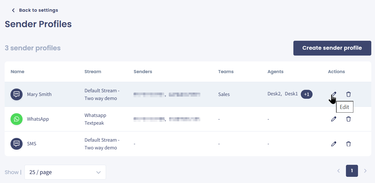 Screenshot with editing sender profile