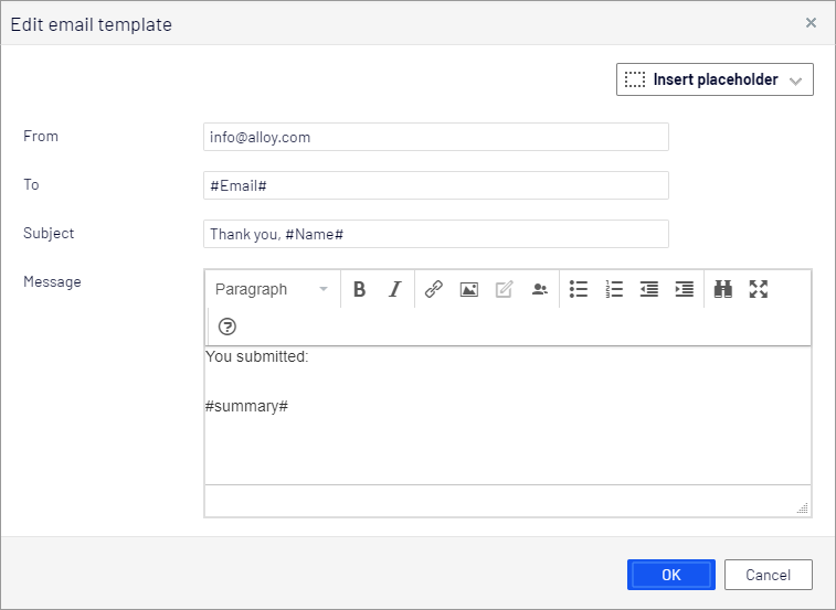 Screenshot of email template dialog where you configure sender, recipient, subject, and message body