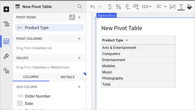 Pivot table with only product type column as a row