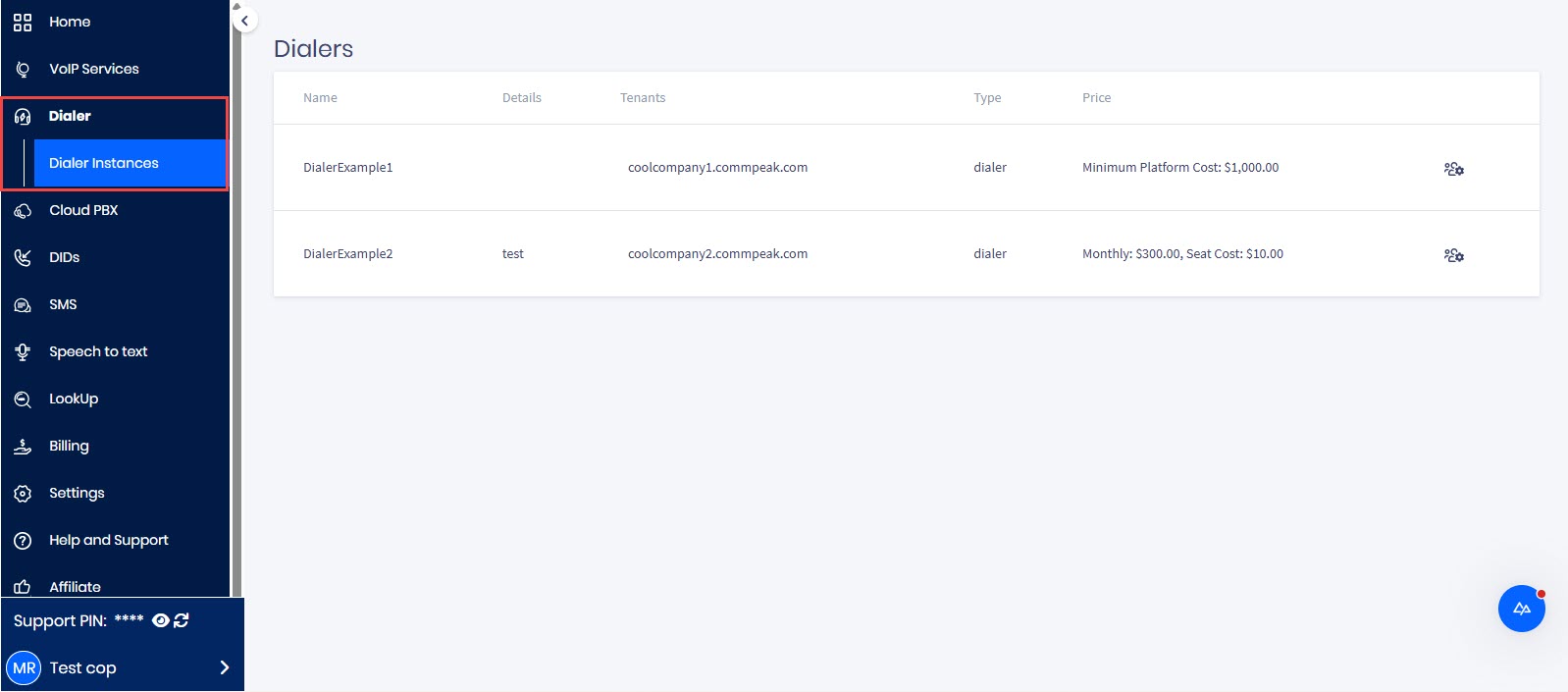 Screenshot of Dialer Instances in the main menu