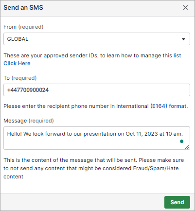 Screenshot of the Send an SMS section