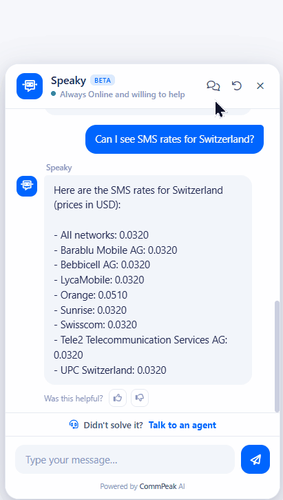 Screenshot of the  Show Previous Conversations with Agents option
