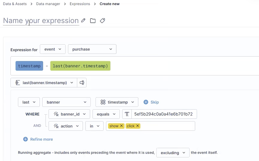 Expression editor configured to calculate time between purchase and last banner timestamp.