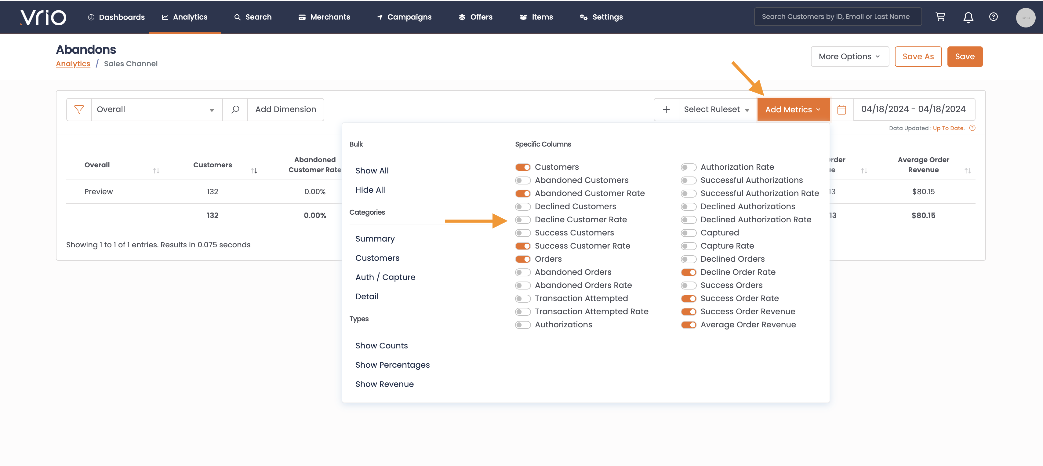Metrics selection in Report Builder