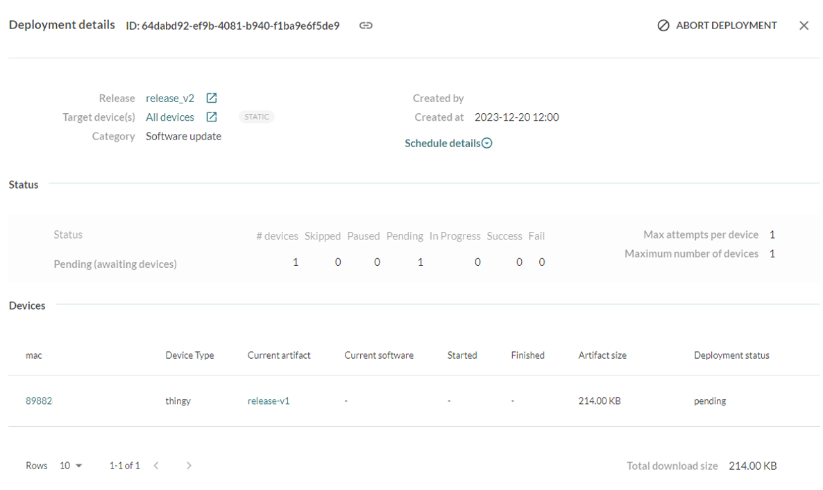 Deployment status flow in Mender dashboard.