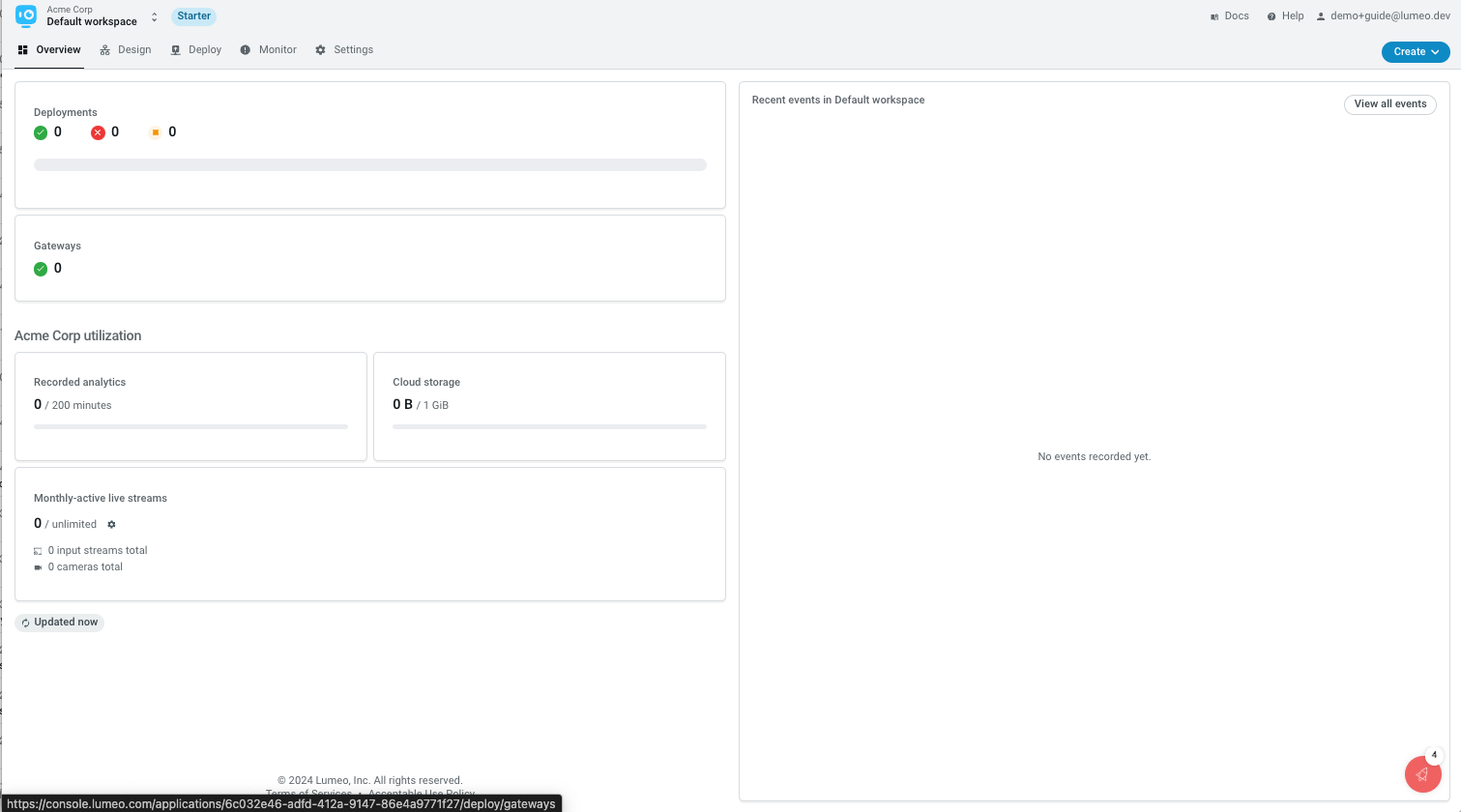 Your new Lumeo organization workspace after logging in.