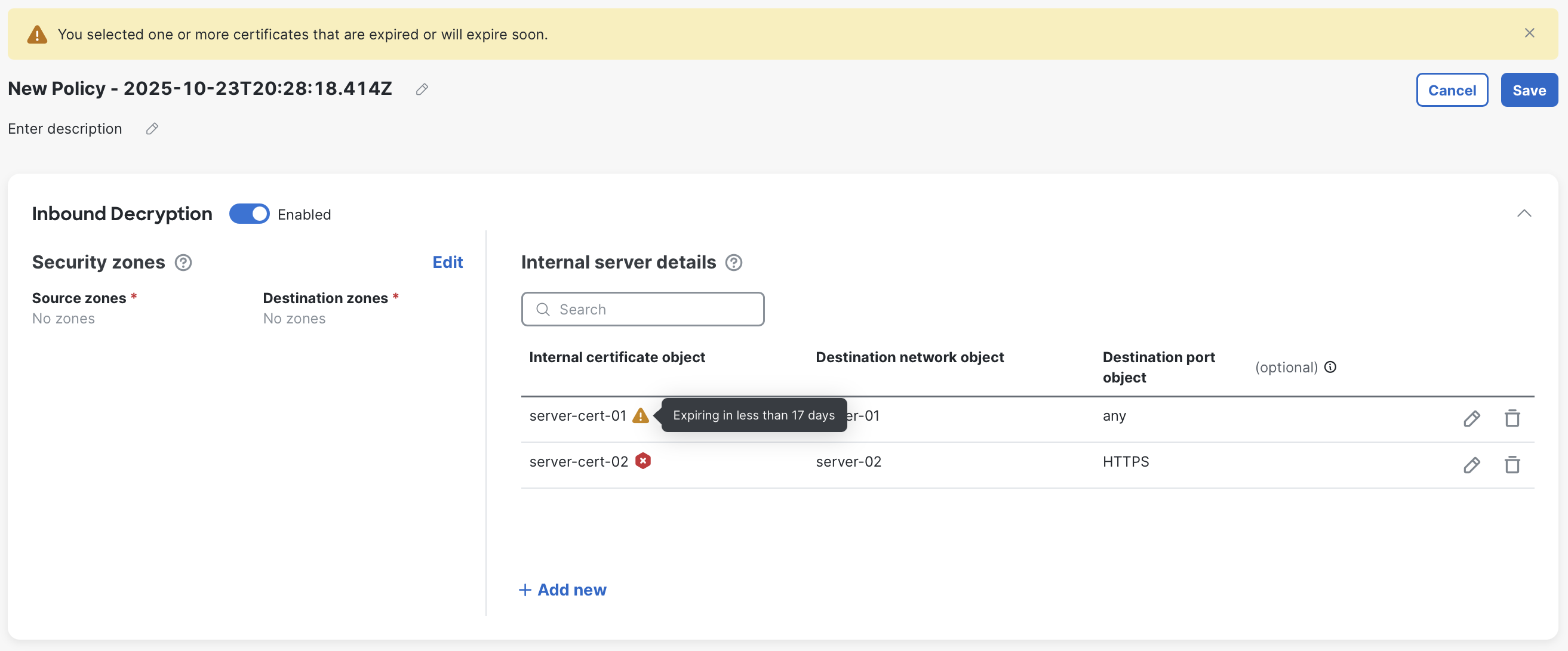 Warning banner for expiring certificates, with a certificate expiring soon and another expired