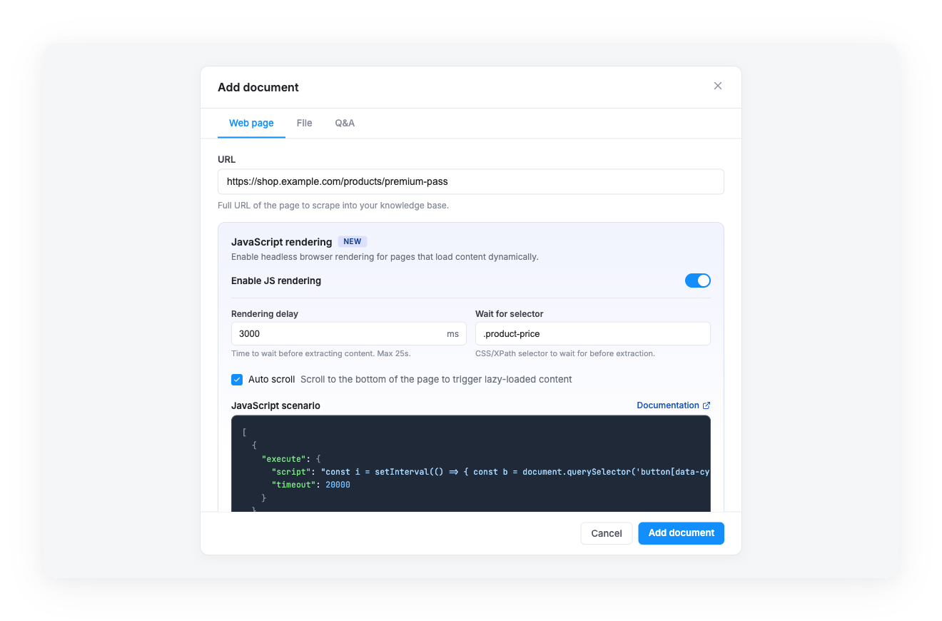 JavaScript rendering — configuration panel in the document modal